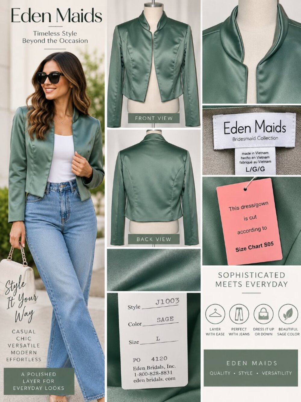 Eden Maids Sage Satin Cropped Jacket Women’s Large Open Front NWT